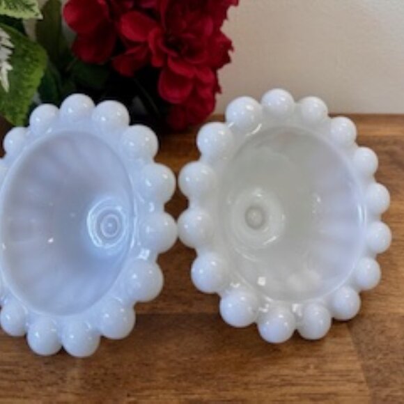 Vintage Anchor Hocking Milk Glass Boopie Candle Holders MCM Charm Beaded Base - Picture 5 of 5